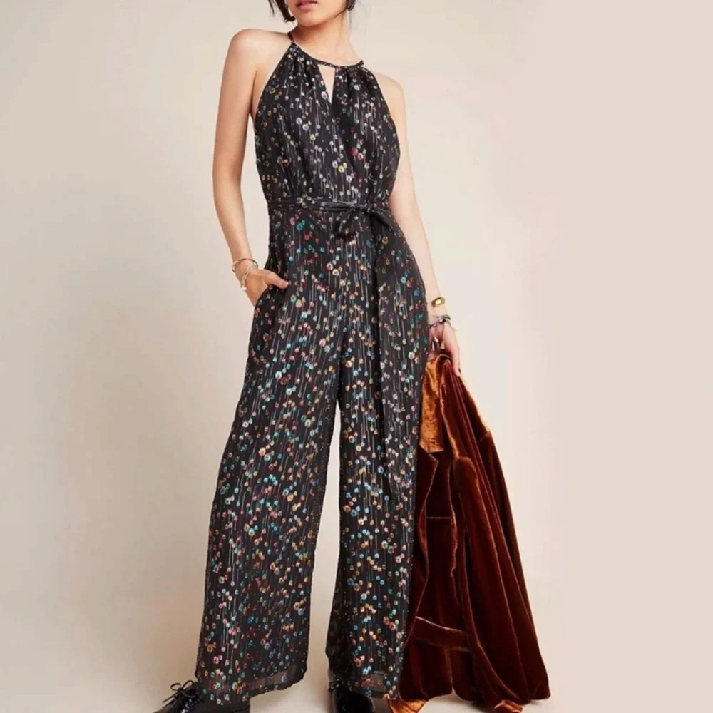 Eva Franco Anthropologie Edita halter black jumpsuit multi-color metallic dot- 2